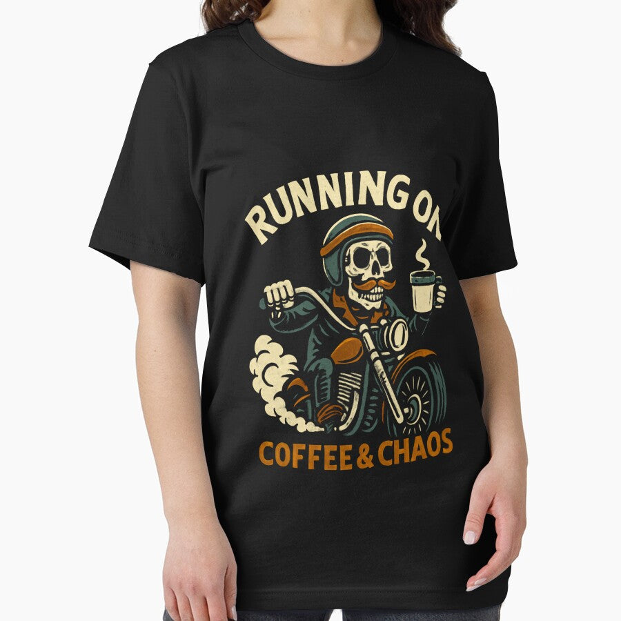 Skeleton Biker T-Shirt – “Running on Coffee & Chaos” – Funny Dark Humor Motorcycle Design by JoyWearOfficial