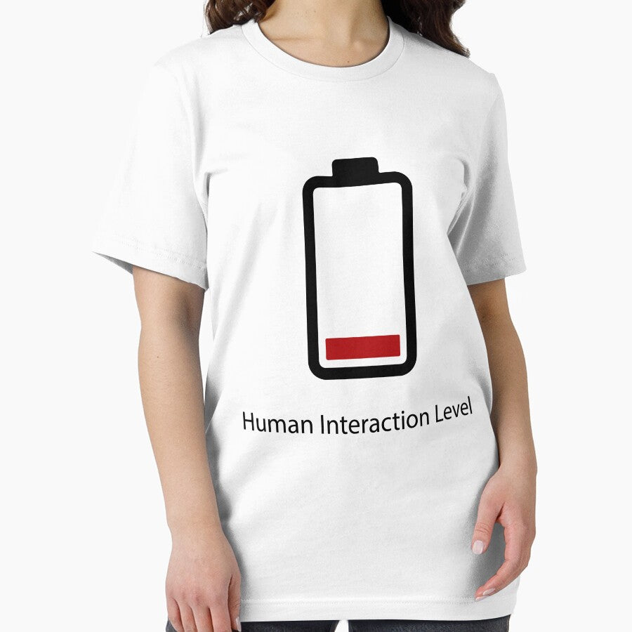 Human Interaction Level Low Battery Funny Introvert Shirt, Social Battery Drain Tee, Anti Social Humor T-Shirt, Minimalist Battery Icon Design by Design-Pro-21
