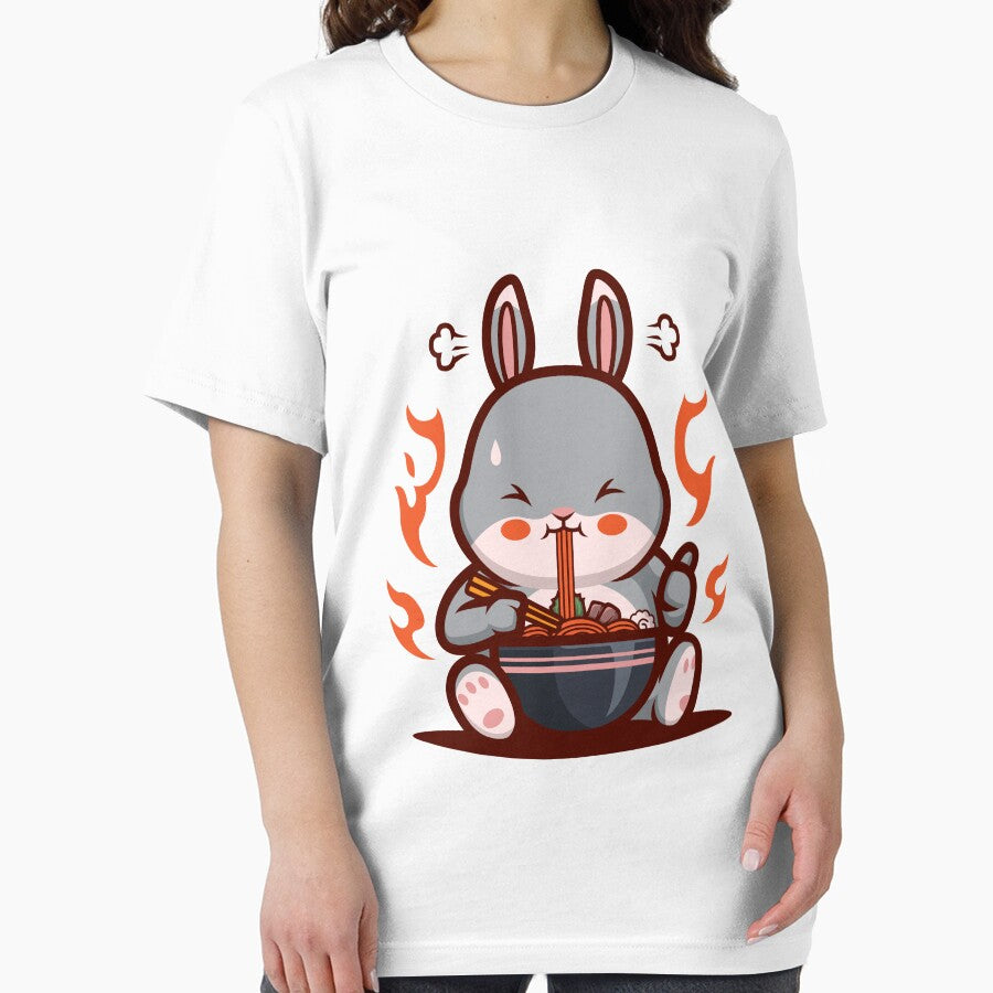Cartoon rabbit eating spicy ramen noodles by chomaruddin tri amboko