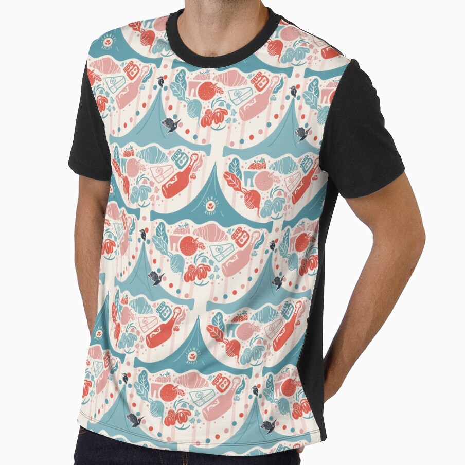 Farmers Food Market Medallion Cream Teal Coral Damask by HillsandSheep
