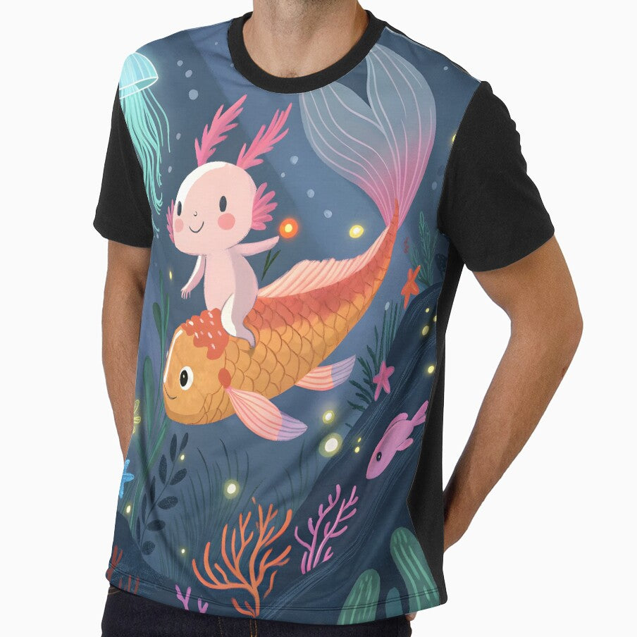 Glowing Axolotl Rides Koi Fish – Cute Underwater Fantasy Illustration by Kayqriel
