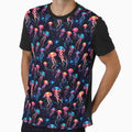 Neon Ocean Glow: Bright Jellyfish on Dark Blue #2 by Electric-Easel
