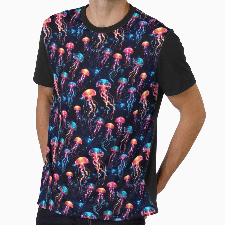 Neon Ocean Glow: Bright Jellyfish on Dark Blue #2 by Electric-Easel