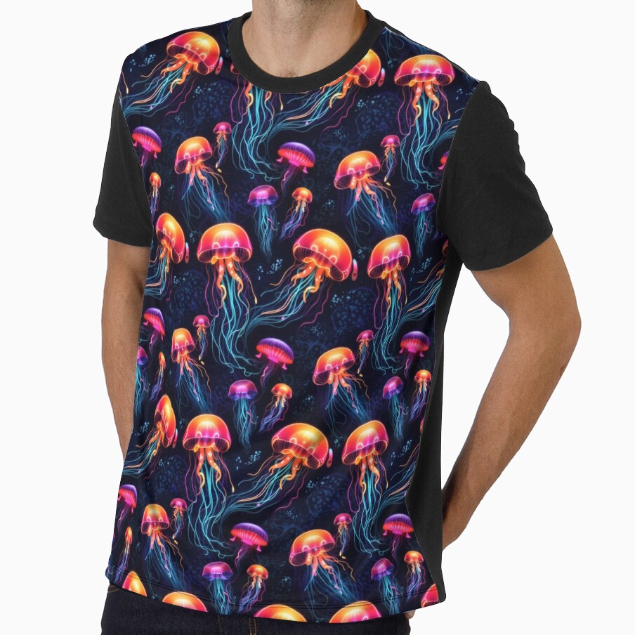 Neon Ocean Glow: Bright Jellyfish on Dark Blue #3 by Electric-Easel