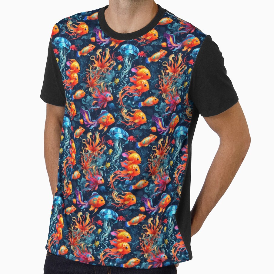 Marine Mosaic: Vibrant Fish and Colorful Jellyfish on Dark Blue #2 by Electric-Easel