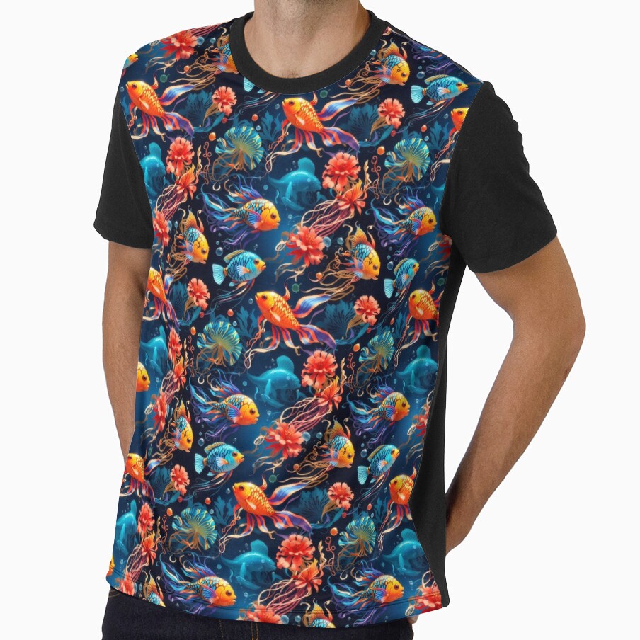Marine Mosaic: Vibrant Fish and Colorful Jellyfish on Dark Blue #3 by Electric-Easel
