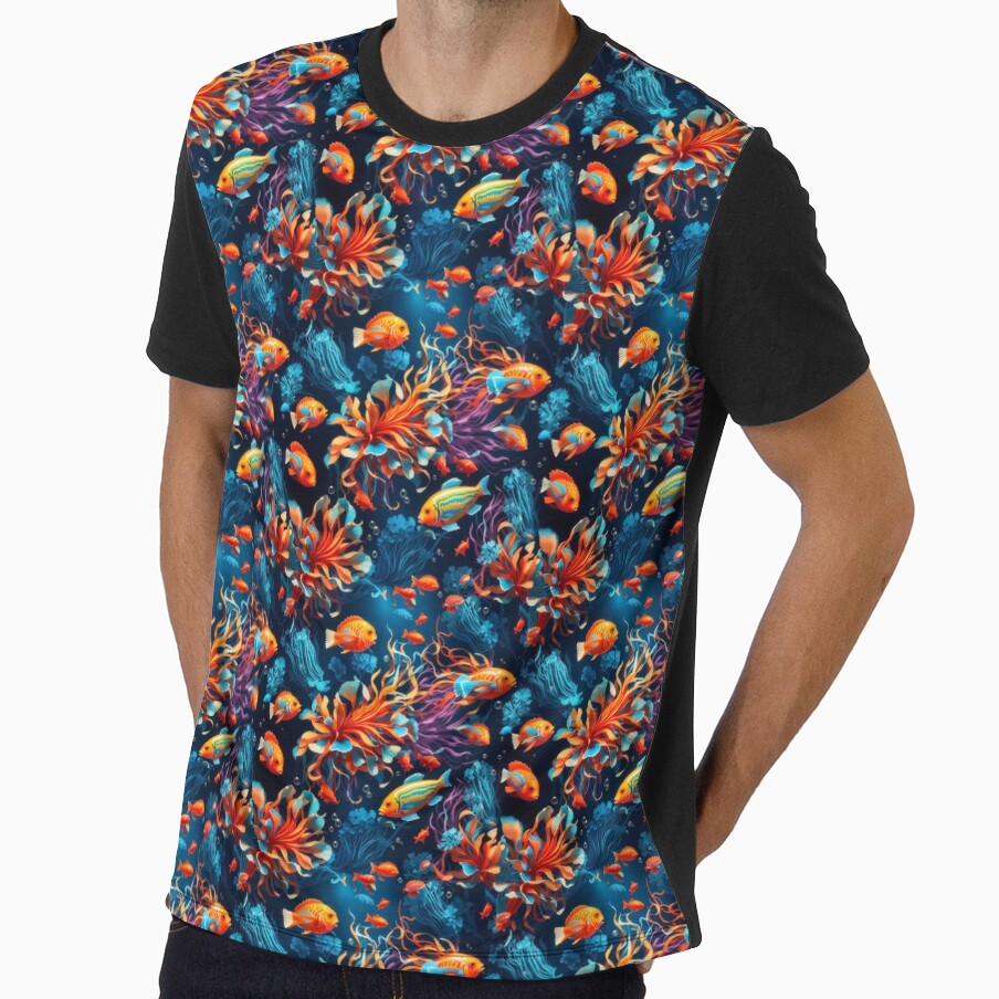 Marine Mosaic: Vibrant Fish and Colorful Jellyfish on Dark Blue #1 by Electric-Easel