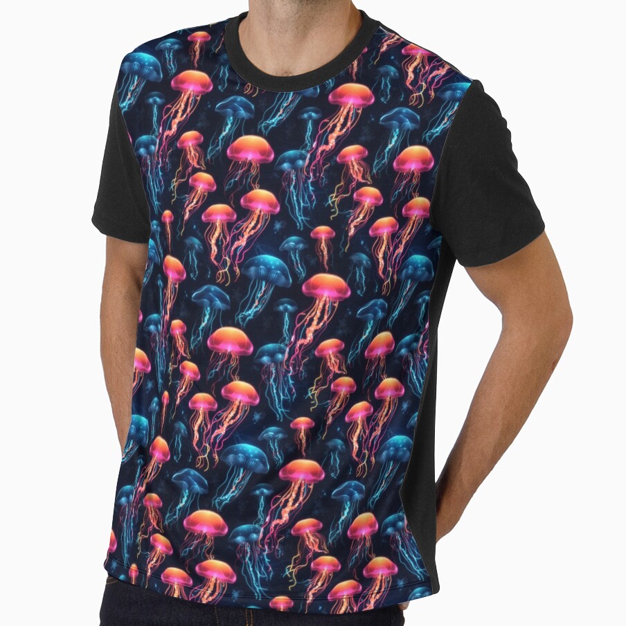 Neon Ocean Glow: Bright Jellyfish on Dark Blue #1 by Electric-Easel