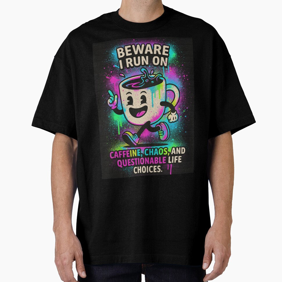 Running on Caffeine, Chaos & Questionable Life Choices – Cartoon Coffee Cup Design by H.C HustleConvention