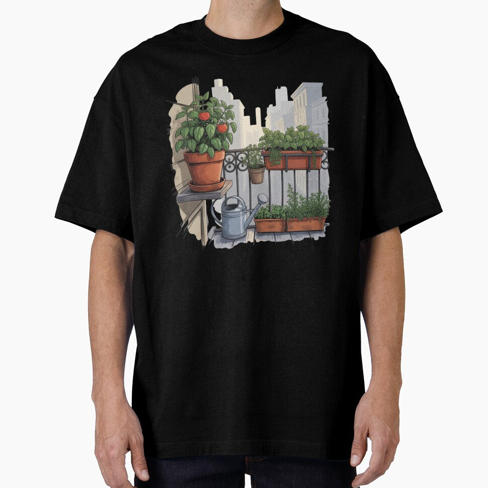 Urban Balcony Garden Scene – Peaceful City Gardening Illustration by Timeless Design