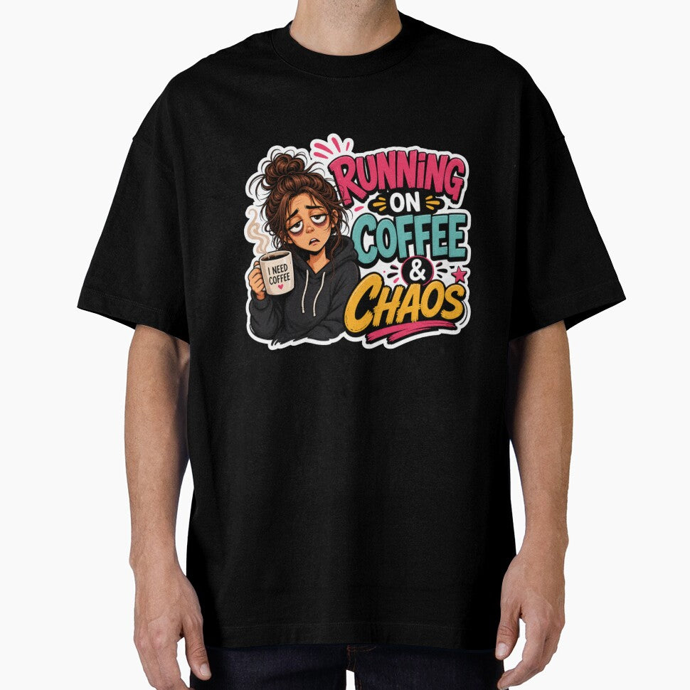 Running on Coffee & Chaos – Funny Tired Girl Aesthetic Coffee Lover Design by Vervella