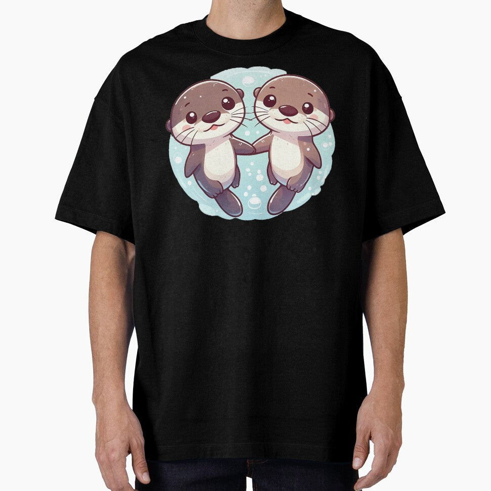 Cute couple of otters holding hands on water by QuickSticker