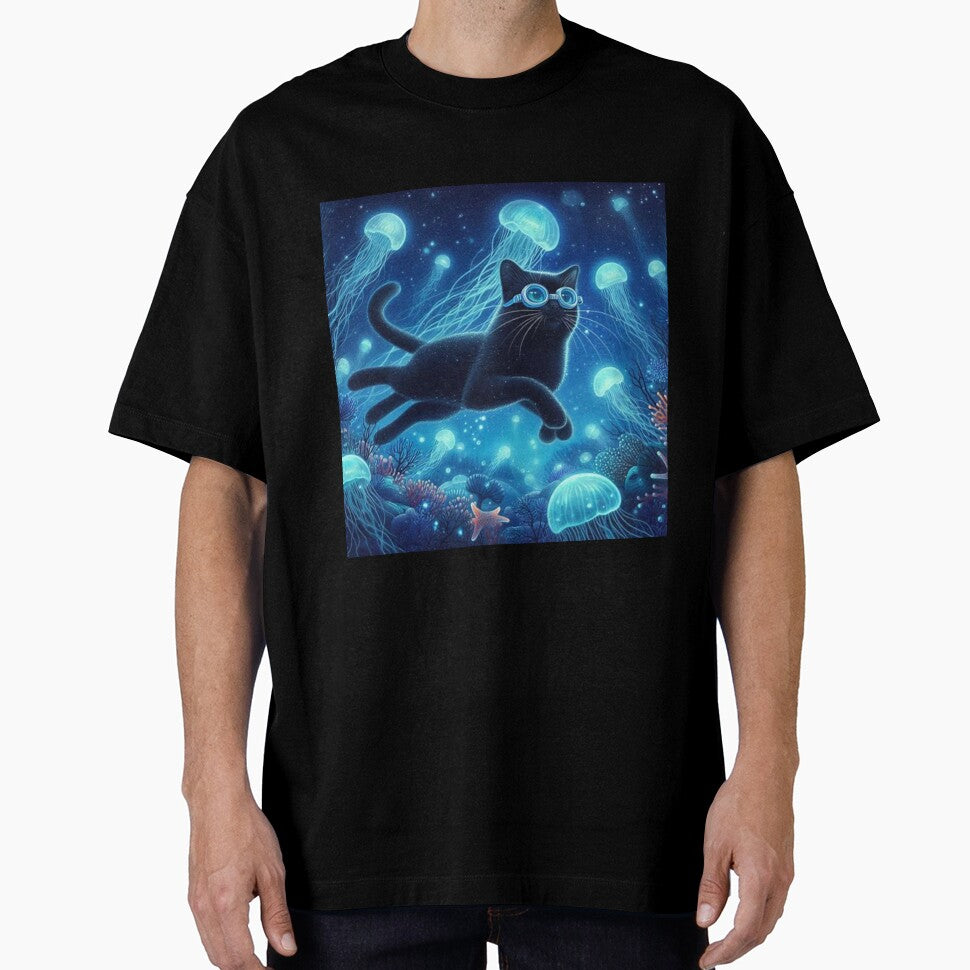 jellyfish on the ocean floor with curious black cat by Zelda50