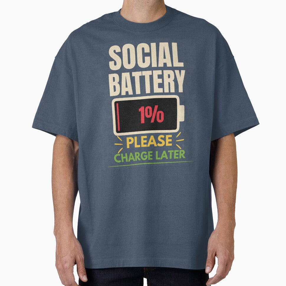 Social Battery 1% Please Charge Later Funny Introvert T-Shirt by Uvclick