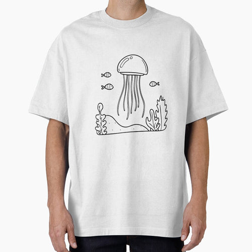 A jellyfish drifting near a coral reef, with small fish swimming around it by rasagamastore
