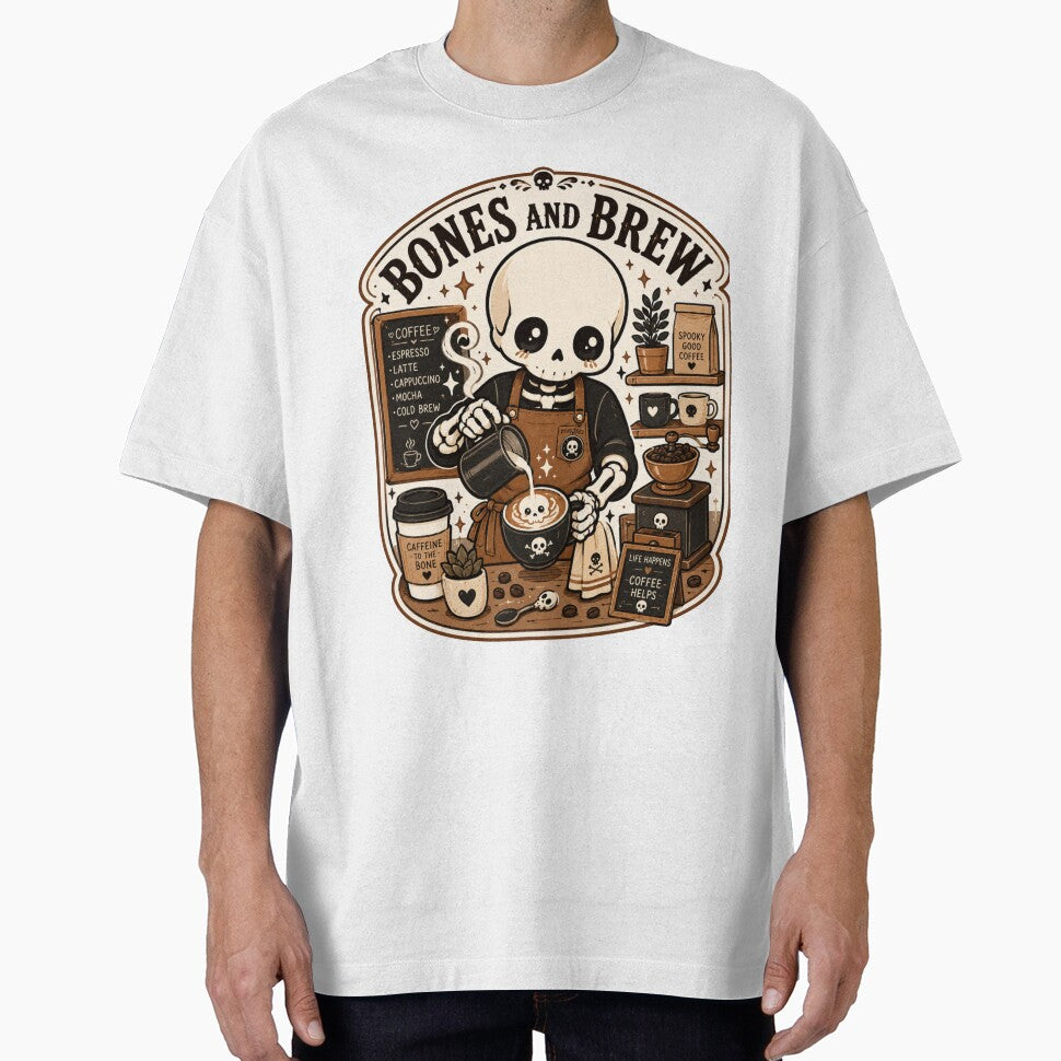 Cute Skeleton Barista Bones And Brew Funny Coffee Shirt — Caffeine To The Bone Kawaii Skull Coffee Lover Gift Tee by MaynyStudio