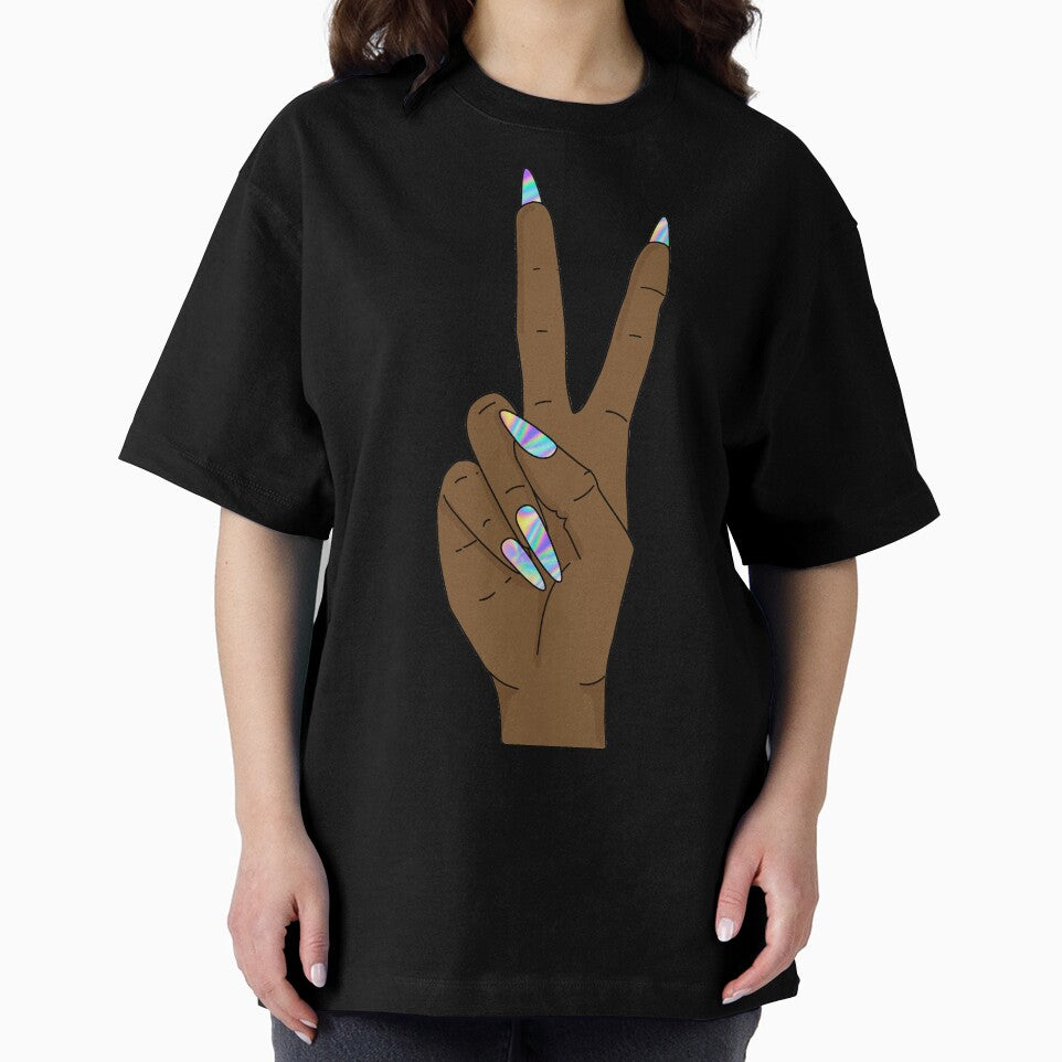Peace sign hand with holograph nails by savanamms6