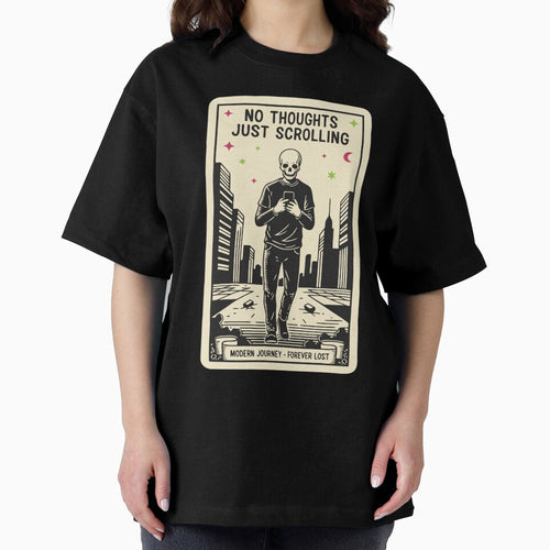 "No Thoughts Just Scrolling" Funny Doomscrolling Skeleton Tarot Card by Cipher & Soul