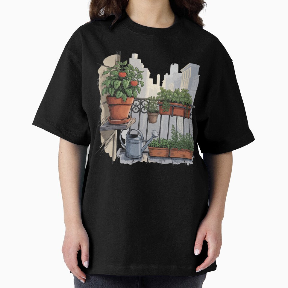 Urban Balcony Garden Scene – Peaceful City Gardening Illustration by Timeless Design