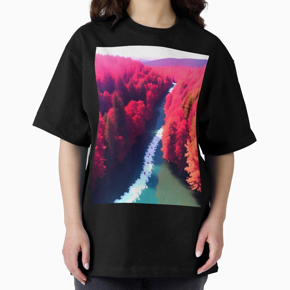 Red Forest & River View Landscape Art by supeart