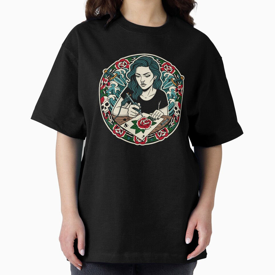 Focused Tattoo Artist Woman – Traditional Rose Tattoo Illustration by C3J7
