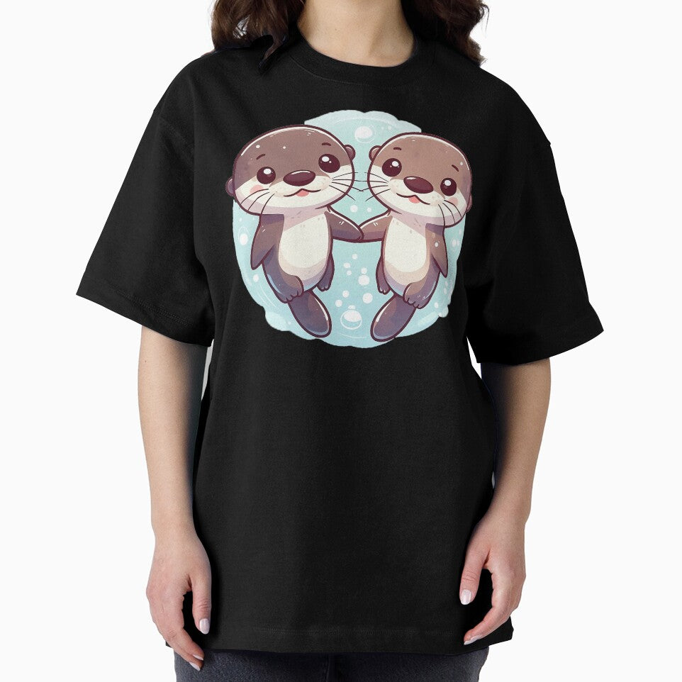 Cute couple of otters holding hands on water by QuickSticker