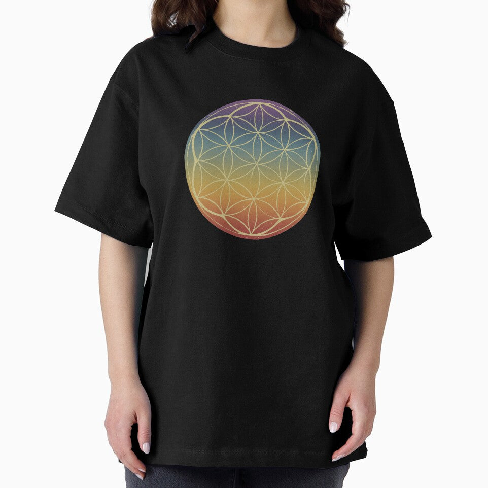 Flower of Life Linocut - Rainbow Sunset + Gold by Irene Estelle