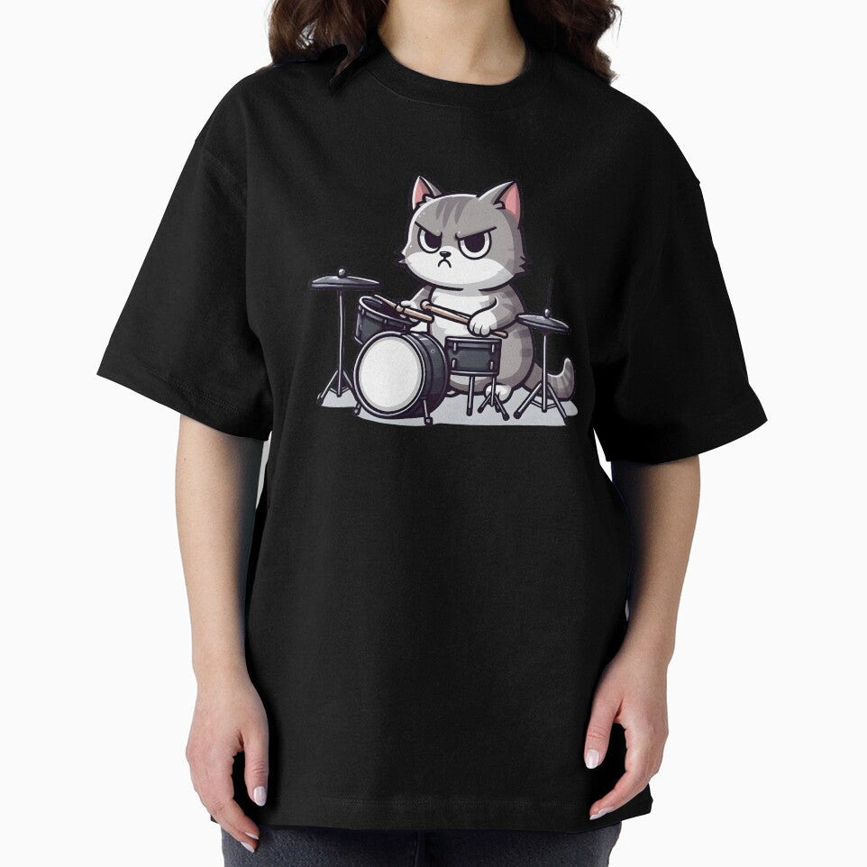 An annoyed looking cat is playing a drum set. by ArisaHong