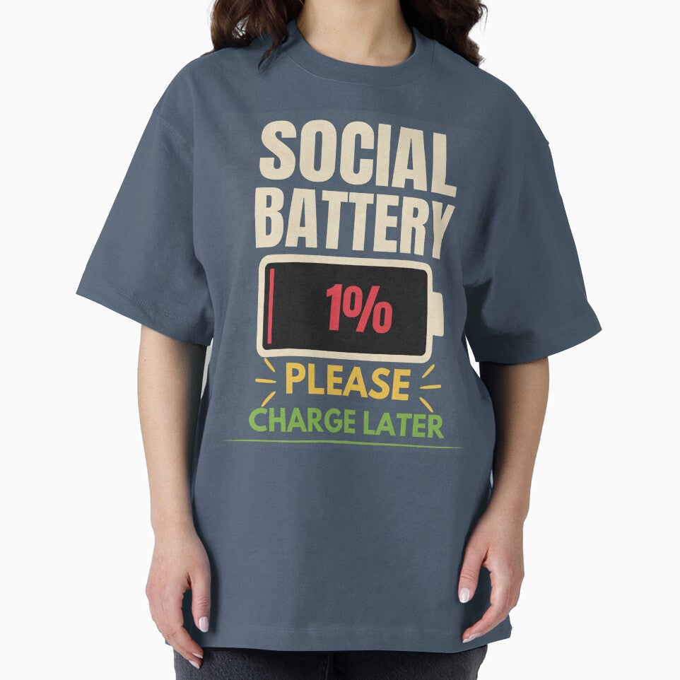 Social Battery 1% Please Charge Later Funny Introvert T-Shirt by Uvclick