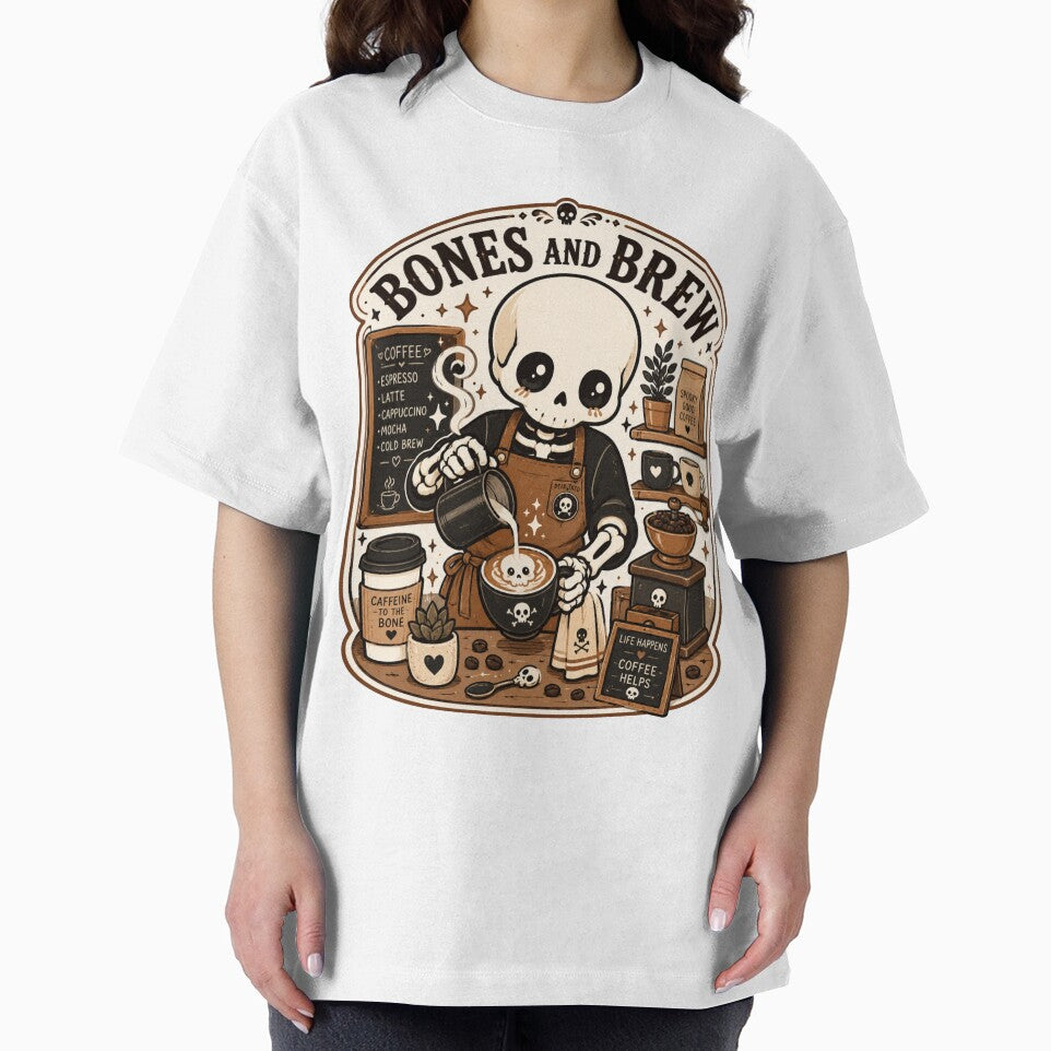 Cute Skeleton Barista Bones And Brew Funny Coffee Shirt — Caffeine To The Bone Kawaii Skull Coffee Lover Gift Tee by MaynyStudio