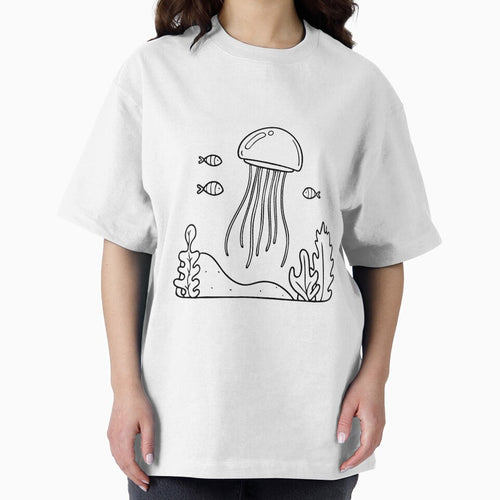 A jellyfish drifting near a coral reef, with small fish swimming around it by rasagamastore