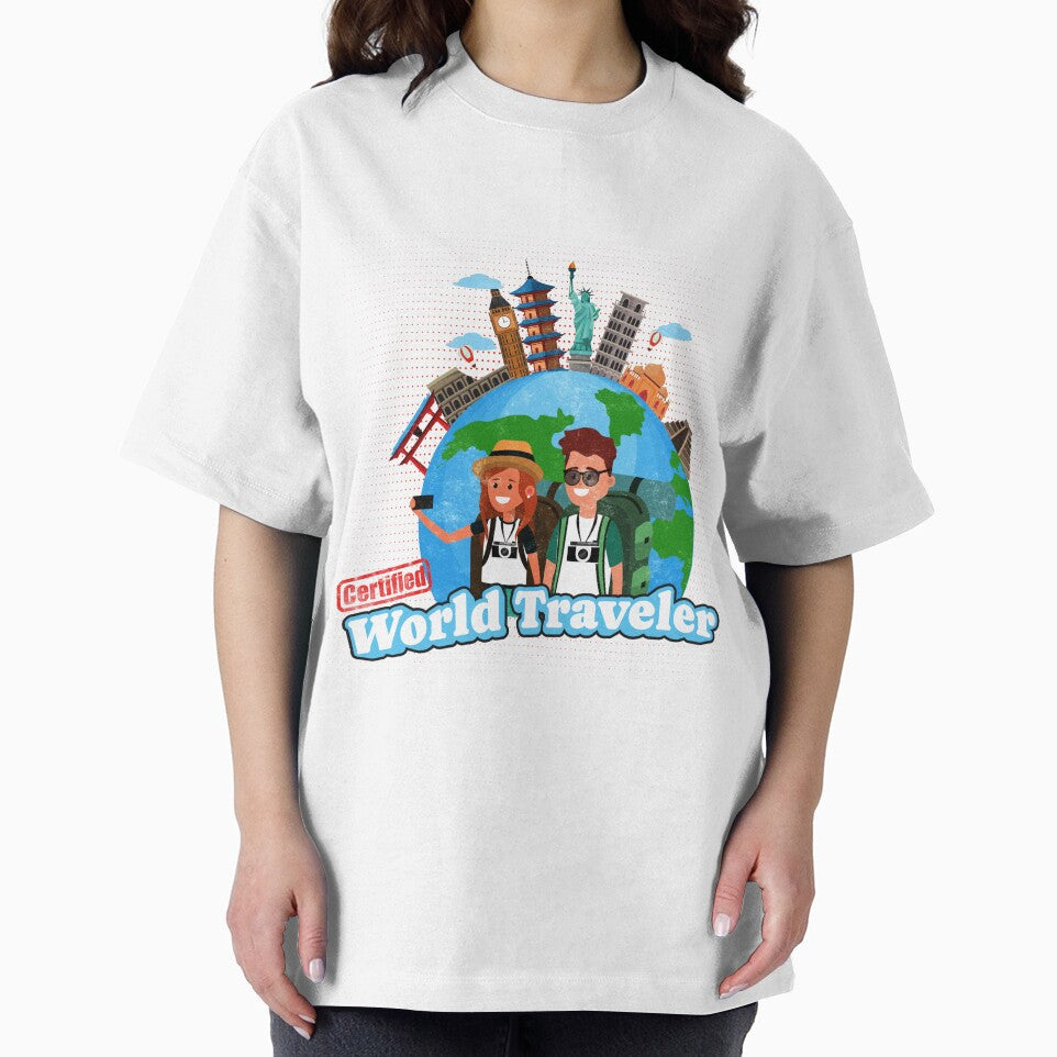 Certified World Traveler – Funny Backpacker Couple Travel Design with Global Landmarks by DonnaRaine