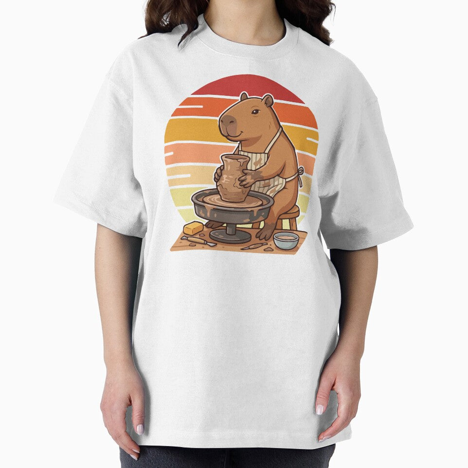 Chill Capybara Pottery Wheel Retro 70s Sunset by Arc2020