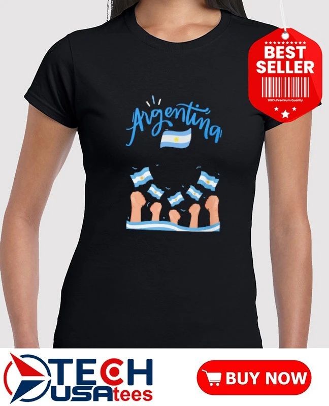 Argentina fan raised fists holding flag shirt