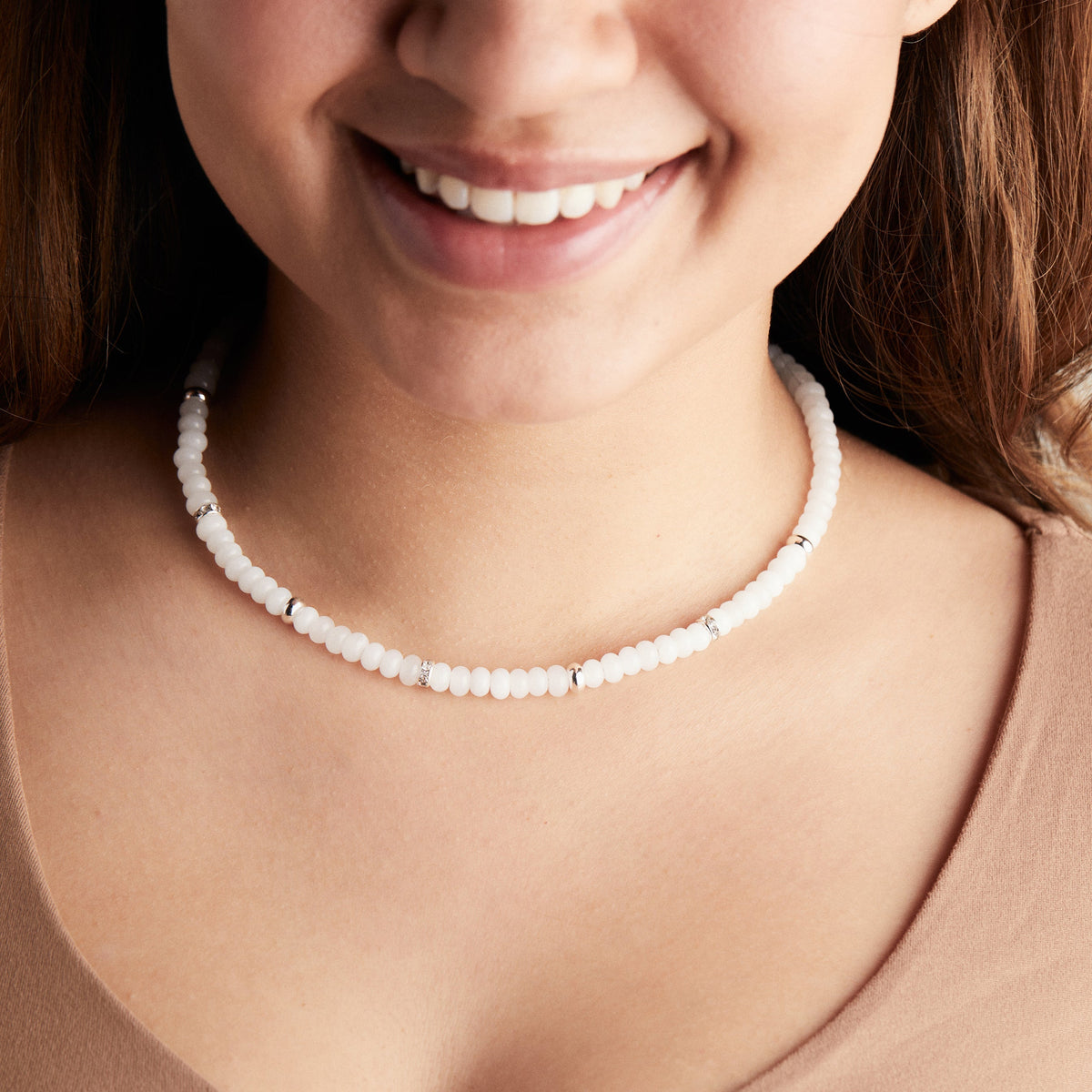 White Jade + Metal Pave Beaded Necklace Adjustable T-Shirts